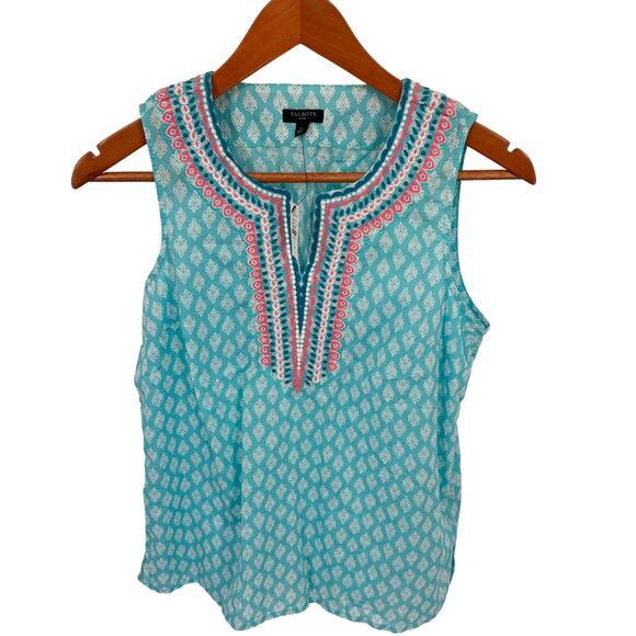 TALBOTS NWT Embroidered Cotton Teal Tank Top // Small Petite - Picture 1 of 7